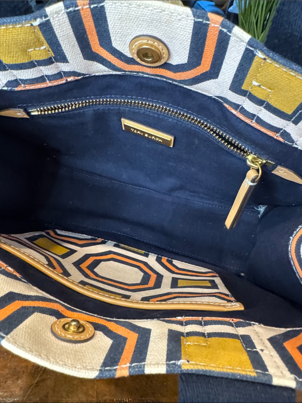 Tory Burch Navy, Coral & Mustard Geometric Canvas Tote with Tan Leather Strap - Picture 12 of 12